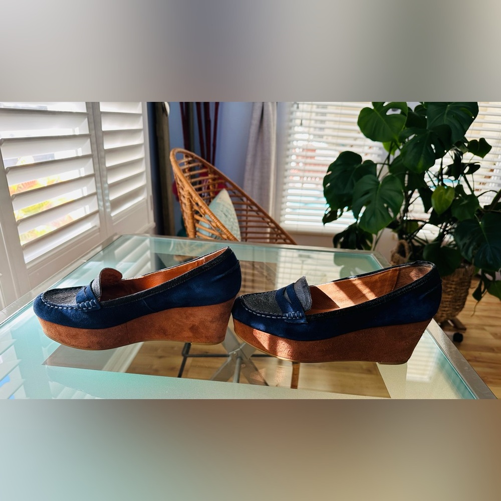 Anthropologie Navy Blue & Brown Suede Leather Penny Loafers - Picture 2 of 10